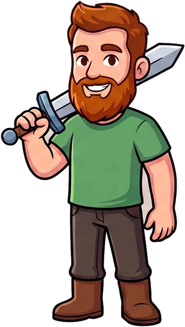 Daddy, a tall friendly man with an auburn beard and a toy sword