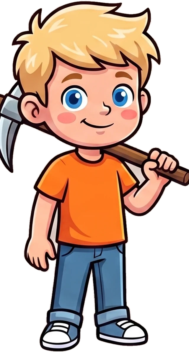 Huds, a cheerful boy with messy blond hair holding a pickaxe