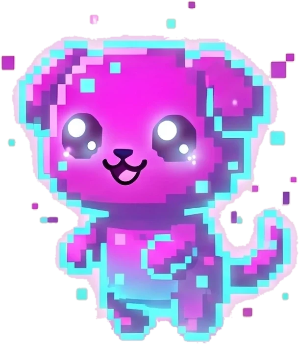Pix, a small glowing creature made of magenta and cyan pixels